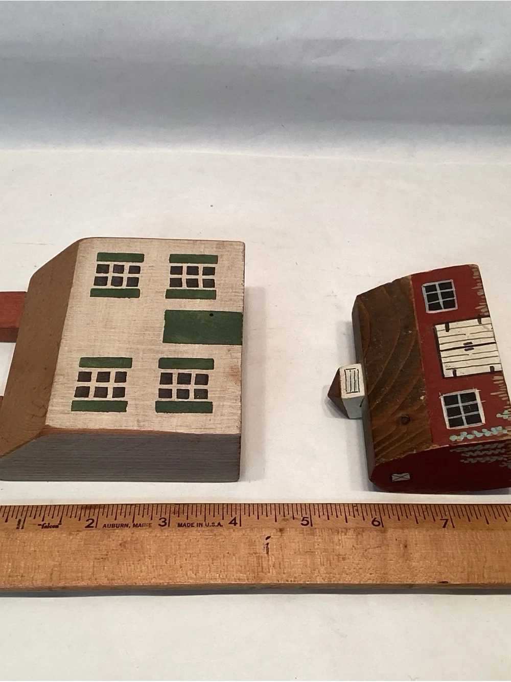 Primitive Folk Art Wood Block Village Houses School Barn Set 5 Of Handmade - Picture 4 of 5